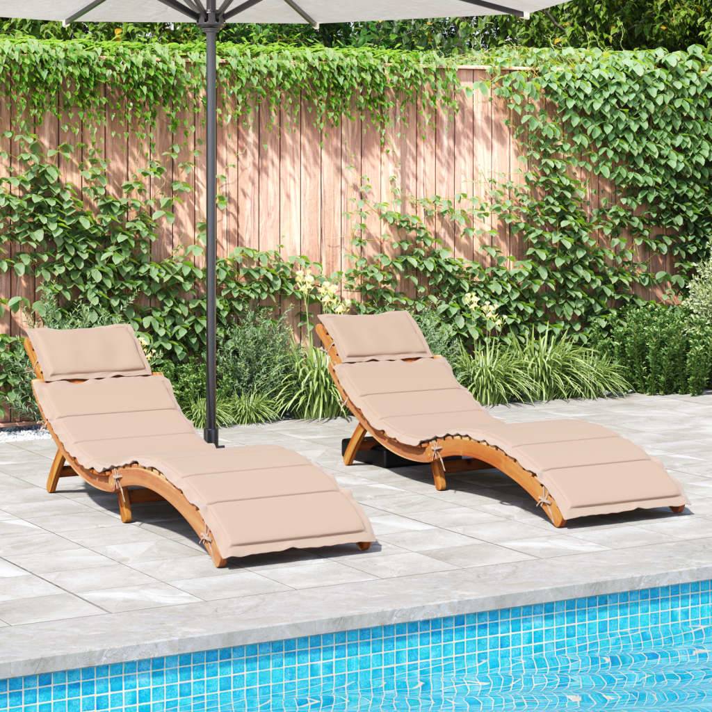 2 pcs Chaises longue | Transat | Bain de soleils avec coussins beige bois massif acacia - Image 2
