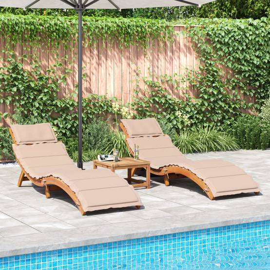 2 pcs Chaises longue | Transat | Bain de soleils avec coussins beige bois massif acacia - Image 3