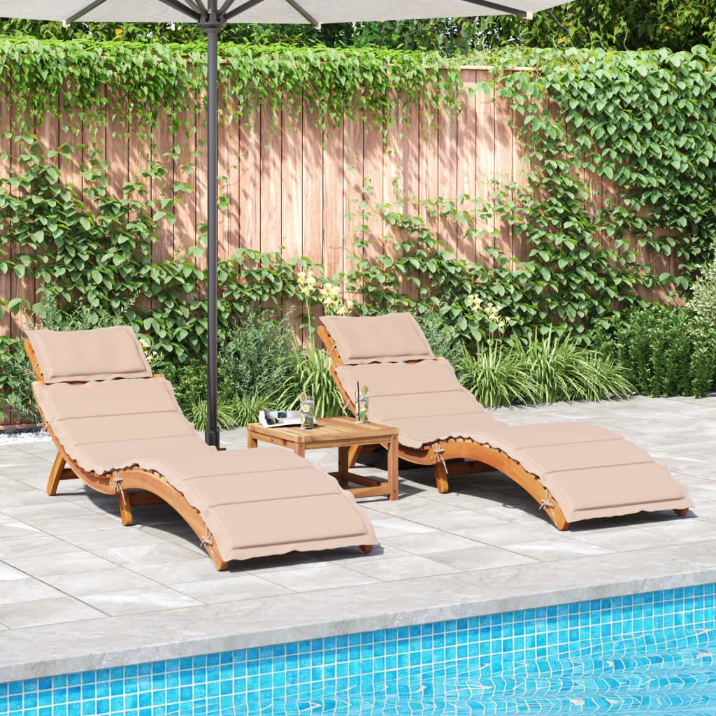 2 pcs Chaises longue | Transat | Bain de soleils avec coussins beige bois massif acacia - Image 3