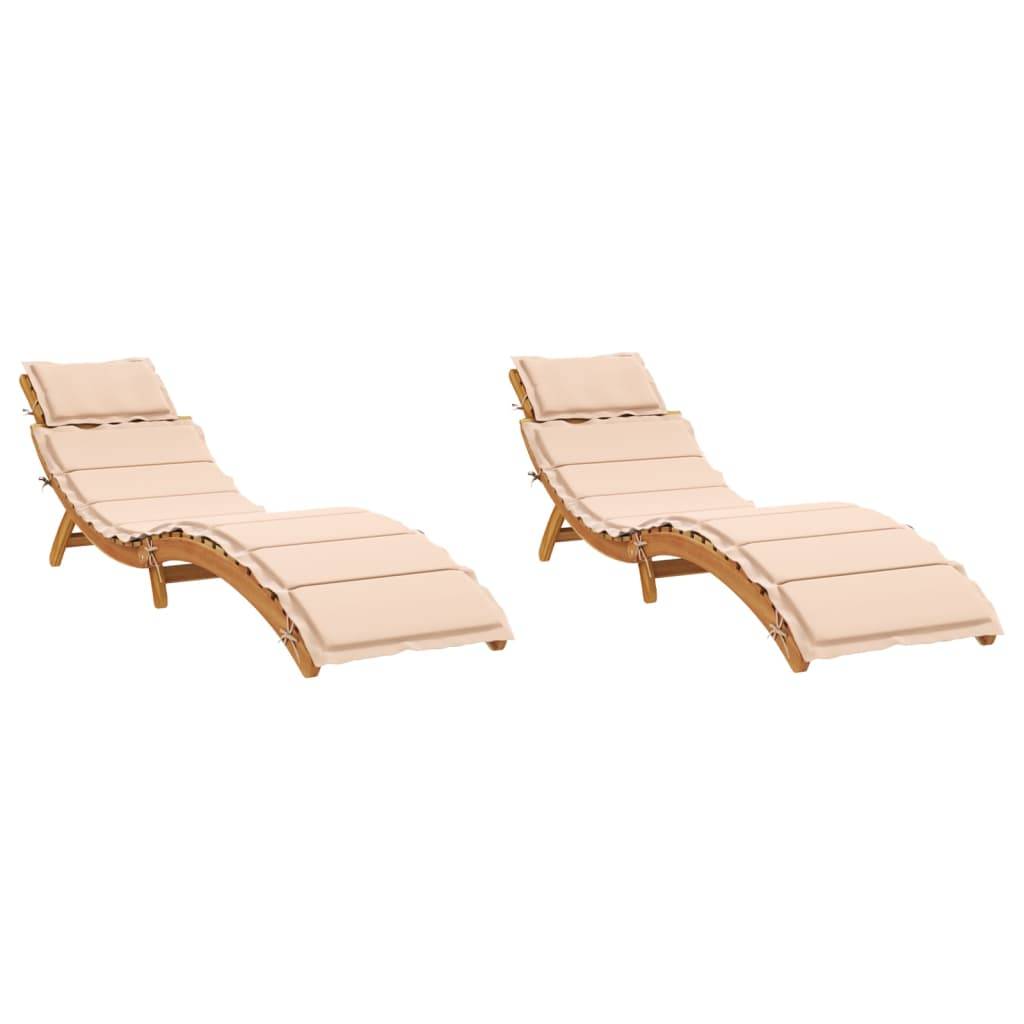 2 pcs Chaises longue | Transat | Bain de soleils avec coussins beige bois massif acacia - Image 1