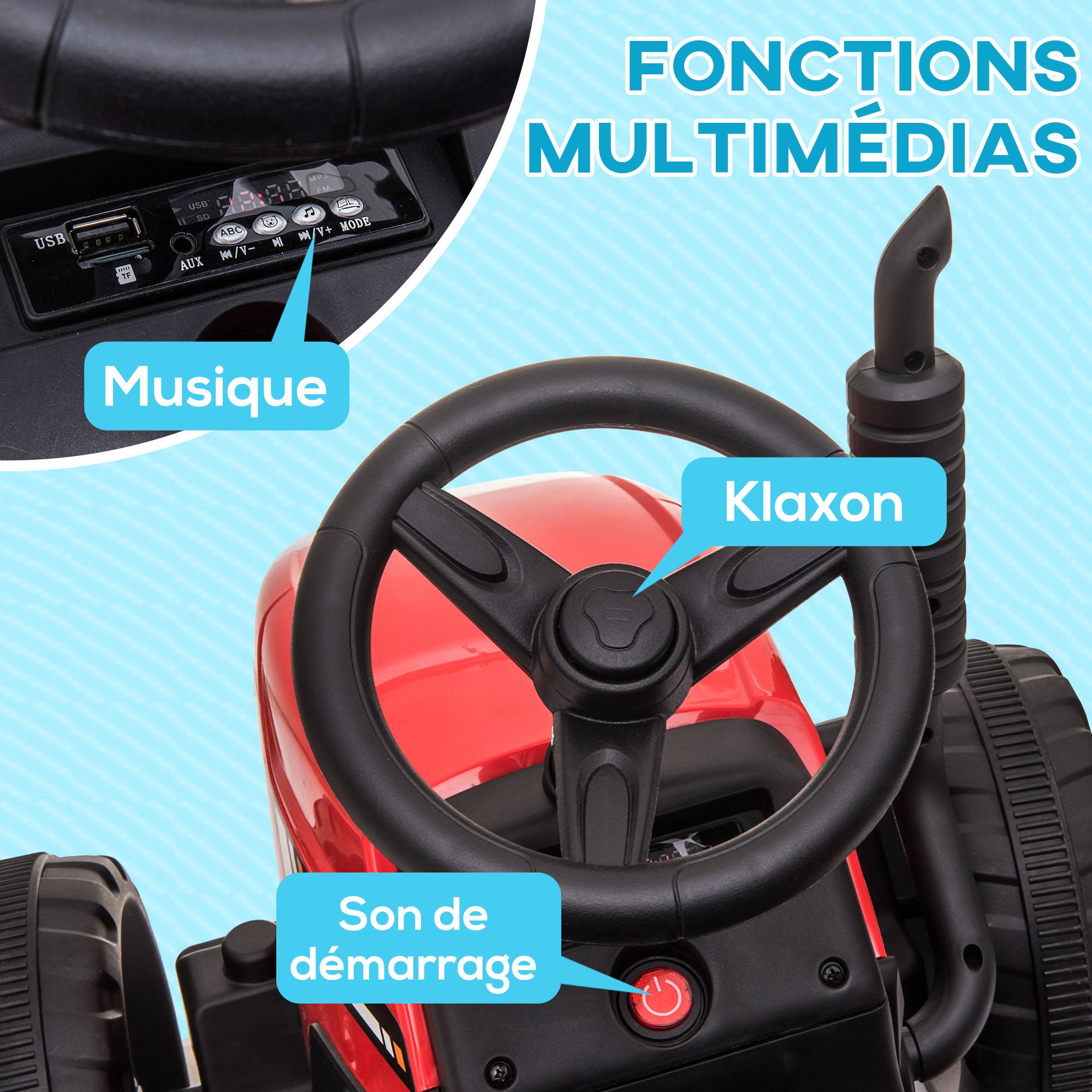 Tracteur électrique avec remorque amovible, pour enfants de 3 à 6 ans avec télécommande MP3 musique affichage lumières - Image 8