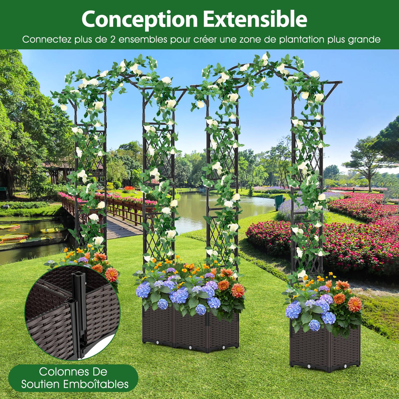 Arche de Jardin 208 CM avec 2 Bacs Jardinière et Treillis, Pergola Extérieur en Métal Revêtu de PE Antirouille avec d'Auto-Arrosage Roues, Noir - Image 5