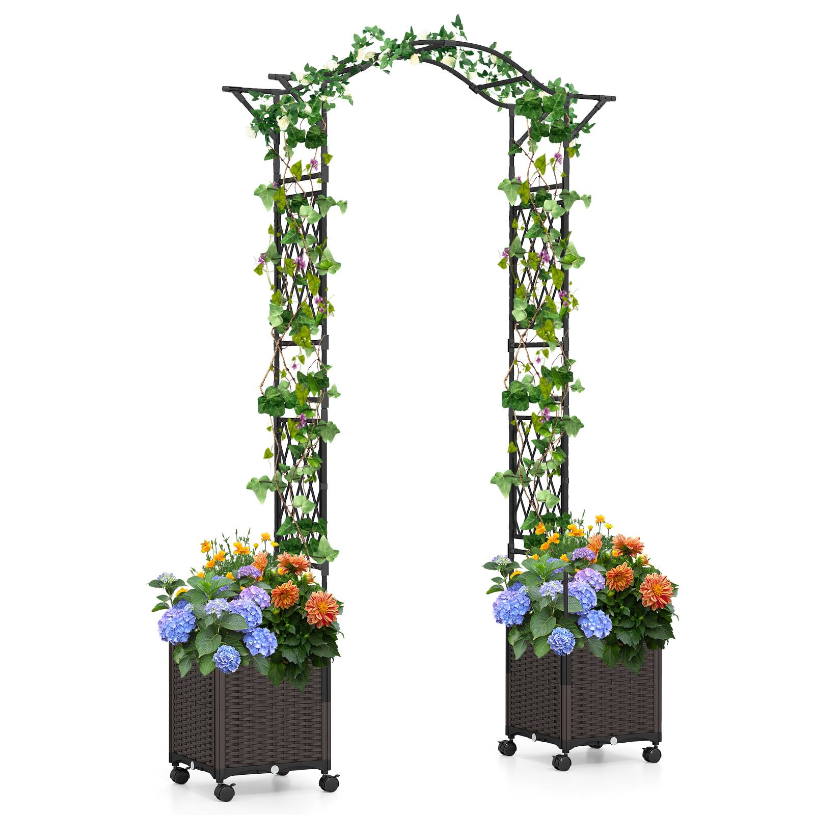 Arche de Jardin 208 CM avec 2 Bacs Jardinière et Treillis, Pergola Extérieur en Métal Revêtu de PE Antirouille avec d'Auto-Arrosage Roues, Noir - Image 1