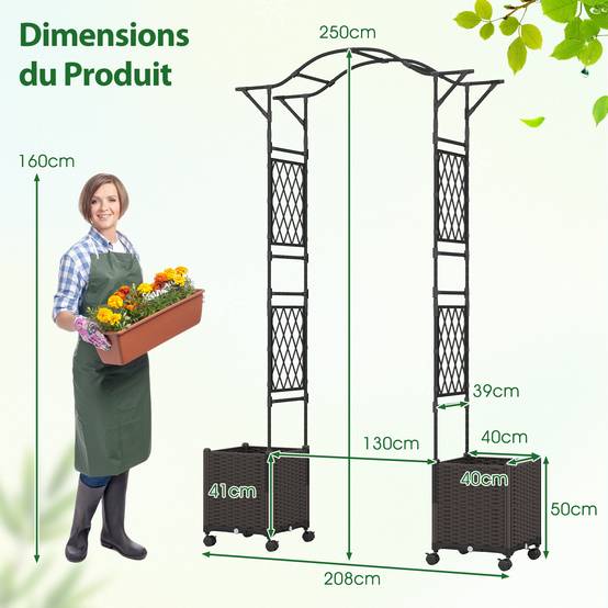 Arche de Jardin 208 CM avec 2 Bacs Jardinière et Treillis, Pergola Extérieur en Métal Revêtu de PE Antirouille avec d'Auto-Arrosage Roues, Noir - Image 3