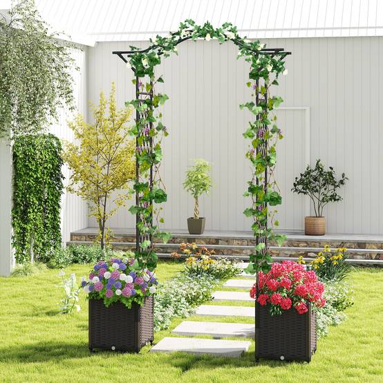 Arche de Jardin 208 CM avec 2 Bacs Jardinière et Treillis, Pergola Extérieur en Métal Revêtu de PE Antirouille avec d'Auto-Arrosage Roues, Noir - Image 4