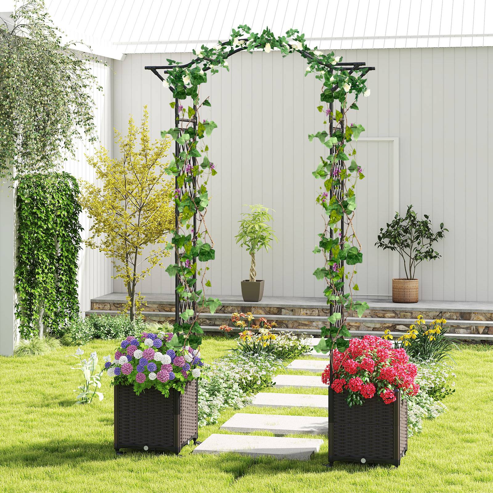 Arche de Jardin 208 CM avec 2 Bacs Jardinière et Treillis, Pergola Extérieur en Métal Revêtu de PE Antirouille avec d'Auto-Arrosage Roues, Noir - Image 4
