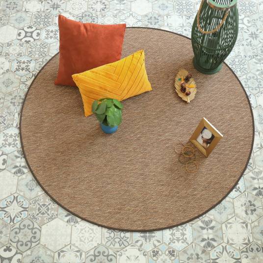 Decoweb - Tapis rond intérieur / extérieur - Timika marron camel - Galon marron - Ø 150 cm - Decoweb - Image 1