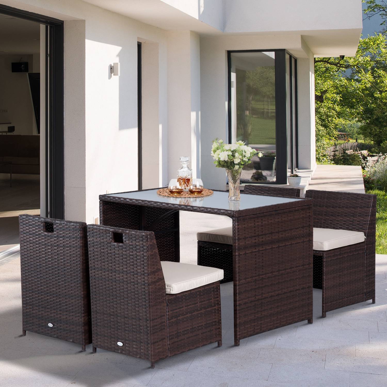 Outsunny - Ensemble salon de jardin encastrable 4 chaises monoblocs avec coussins déhoussables et table résine tressée chocolat - Outsunny - Image 2