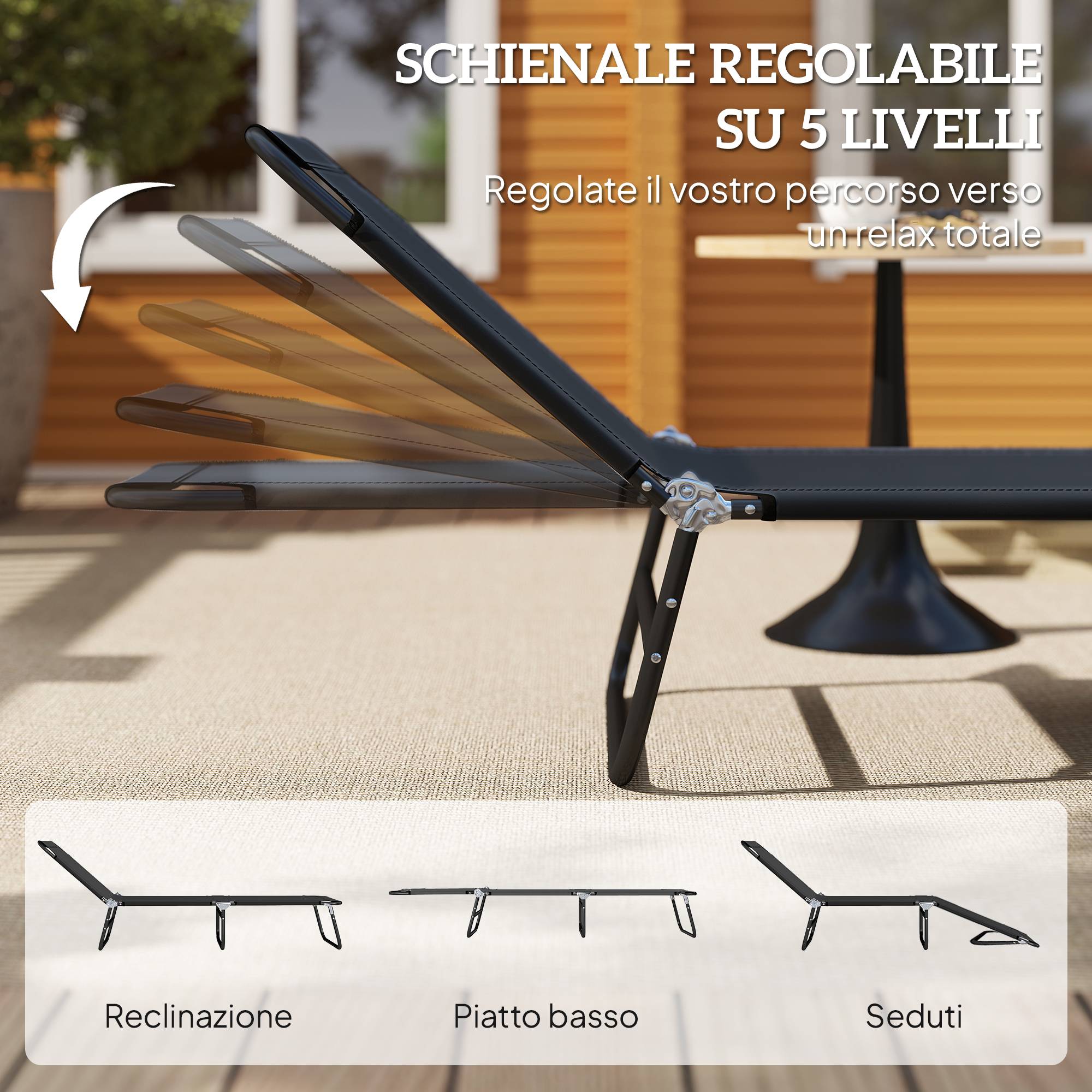 Transat de jardin pliable, dossier réglable, acier et tissu oxford, 188x56x28cm, noir - Image 6