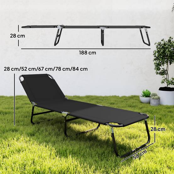 Transat de jardin pliable, dossier réglable, acier et tissu oxford, 188x56x28cm, noir - Image 5