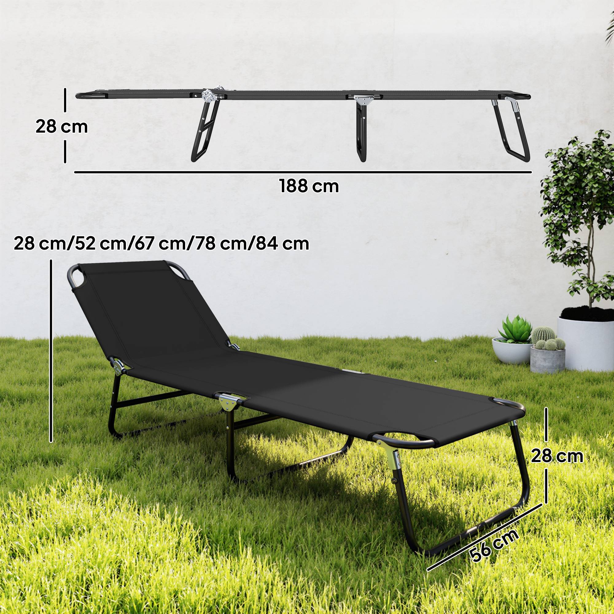Transat de jardin pliable, dossier réglable, acier et tissu oxford, 188x56x28cm, noir - Image 5
