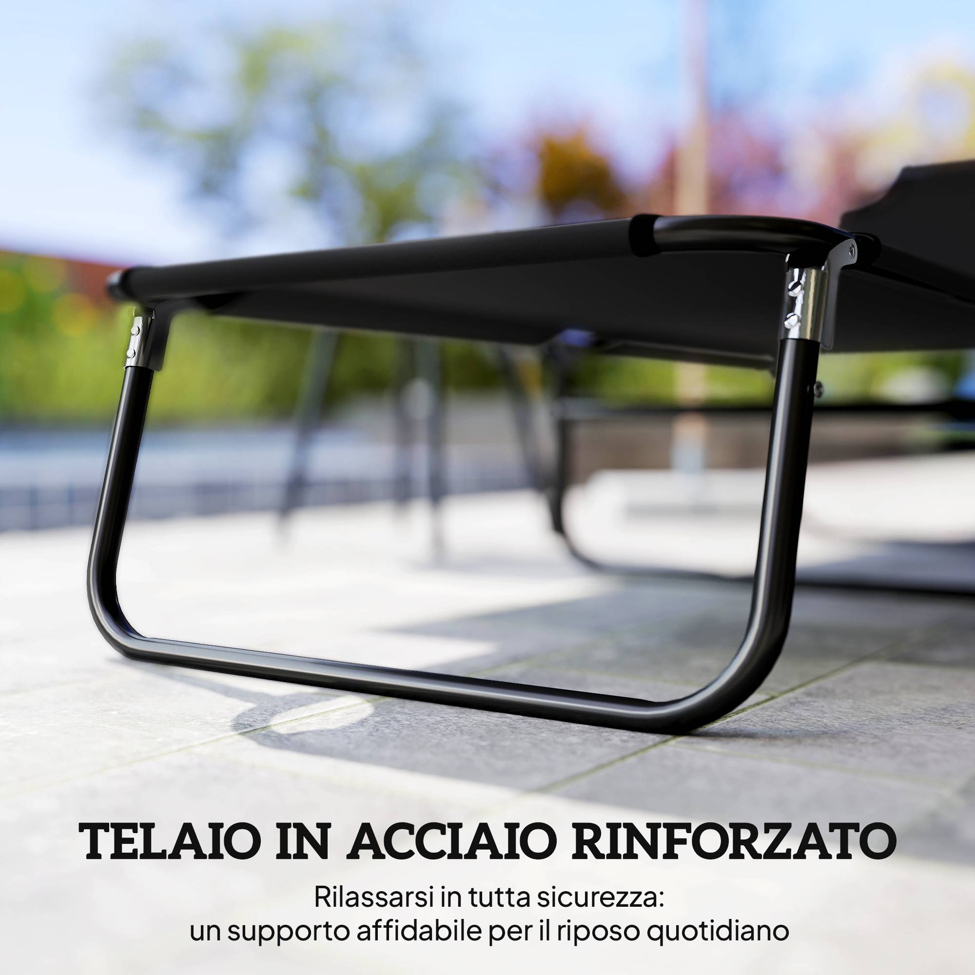 Transat de jardin pliable, dossier réglable, acier et tissu oxford, 188x56x28cm, noir - Image 9