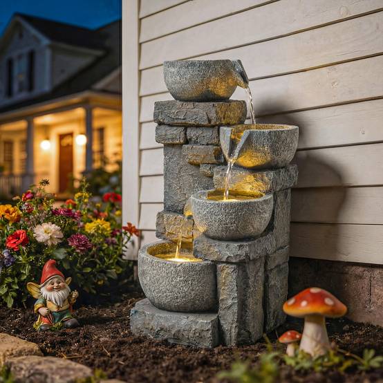Fontaine de Jardin Cascade 4 Niveaux Décoration Effet Pierre et Brique avec Éclairage LED 28 x 25 x 54,5 cm Gris - Image 3