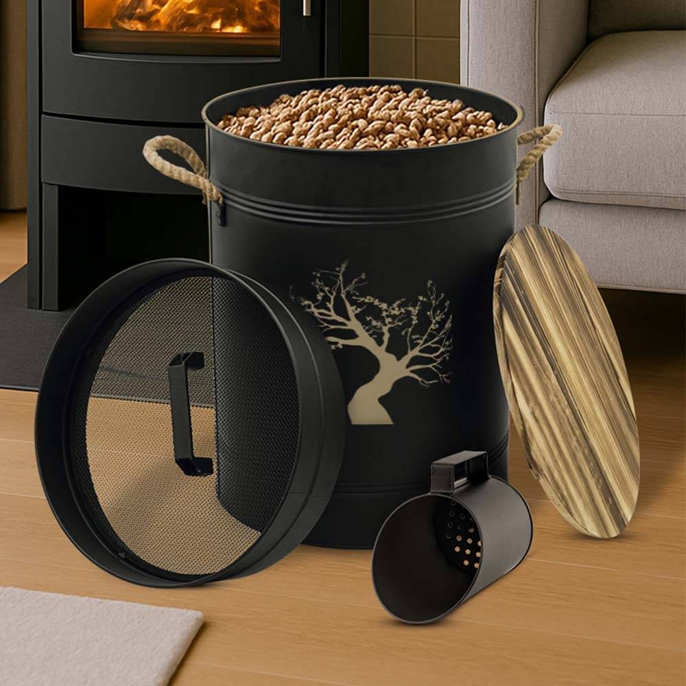 Réservoir à granulés acier noir 51 L - Ø 37 x H 48 cm - Avec tamis et pelle - FACILITYS - Image 8