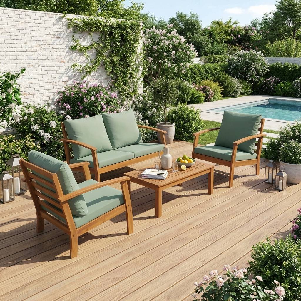 Salon de jardin en bois 4 places - Ushuaïa - Coussins vert de gris. canapé. fauteuils et table basse en acacia. design | sweeek - Image 1