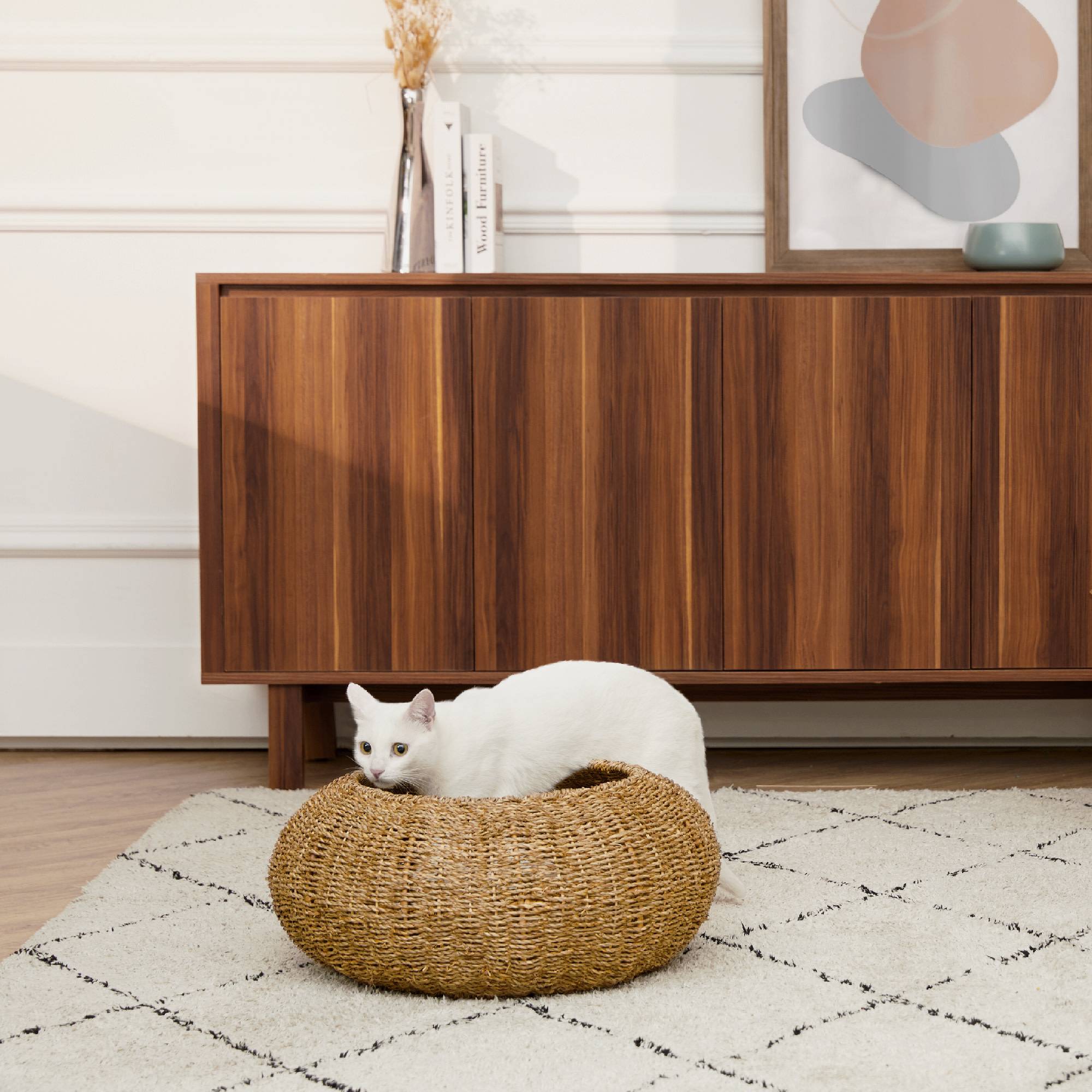 Panier en osier pour chat ou petit chien avec coussin amovible lavable - Image 1