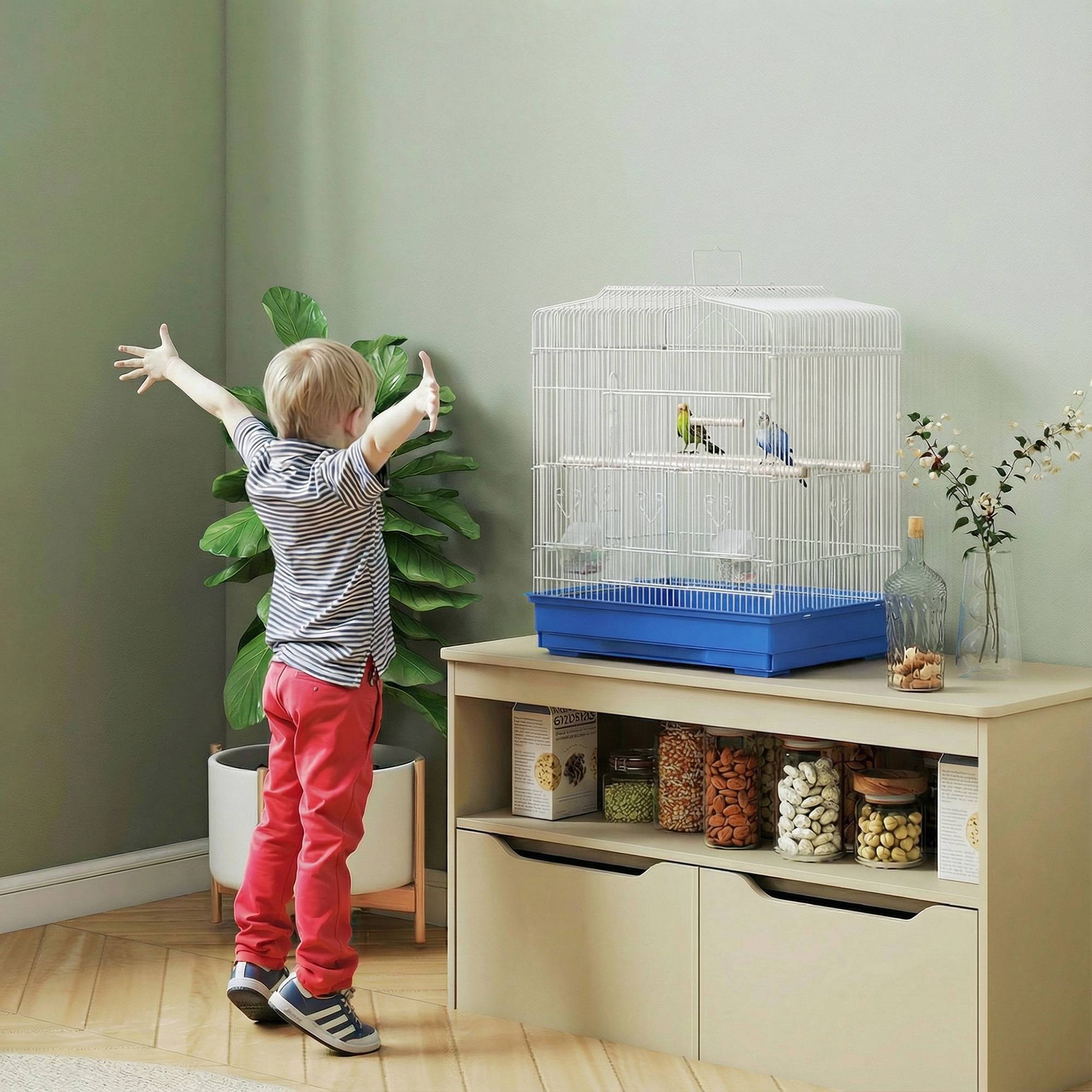 ComfortXL - Cage à oiseaux acier 46,5 x 36 x 59 cm bleu et blanc pour perruches avec perchoirs mangeoires et tiroir amovible - Image 8
