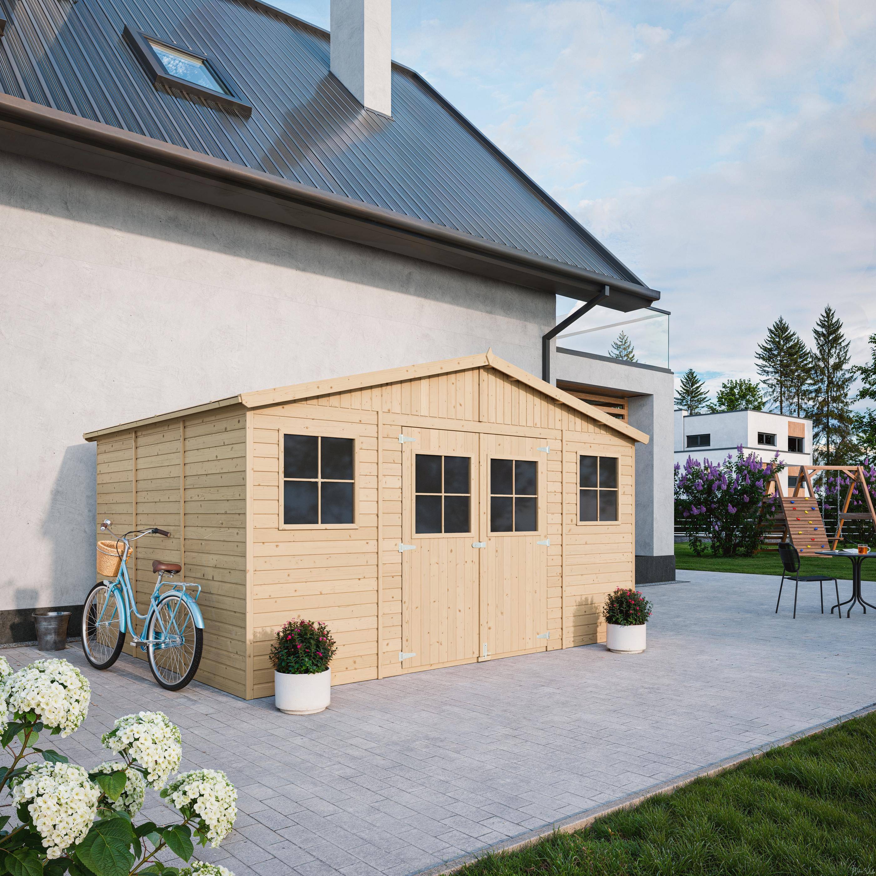 Timbela - Abri de Jardin en Bois Naturel H246x418x320 cm/12 m² avec fenêtres - Atelier rangement outils et vélos - 17 mm d’épaisseur - Timbela M331 - Image 1