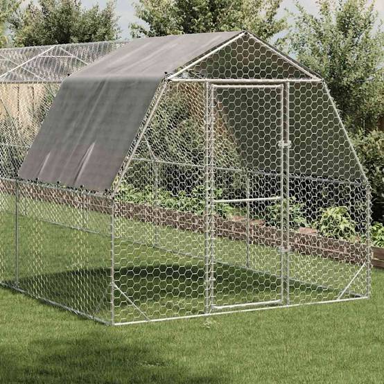 Volière poulailler 30 m² acier galvanisé avec bâche de toit pour jardin Argent – ComfortXL Outdoor Living - Image 2
