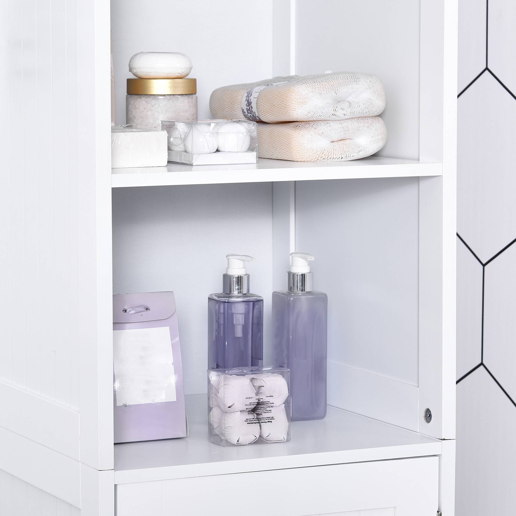 Sans Marque - Armoire de salle de bain haute à 5 niveaux, colonne de rangement avec 3 étagères, 1 porte et étagère réglable, 40 x 38 x 160 cm, blanche - Image 10