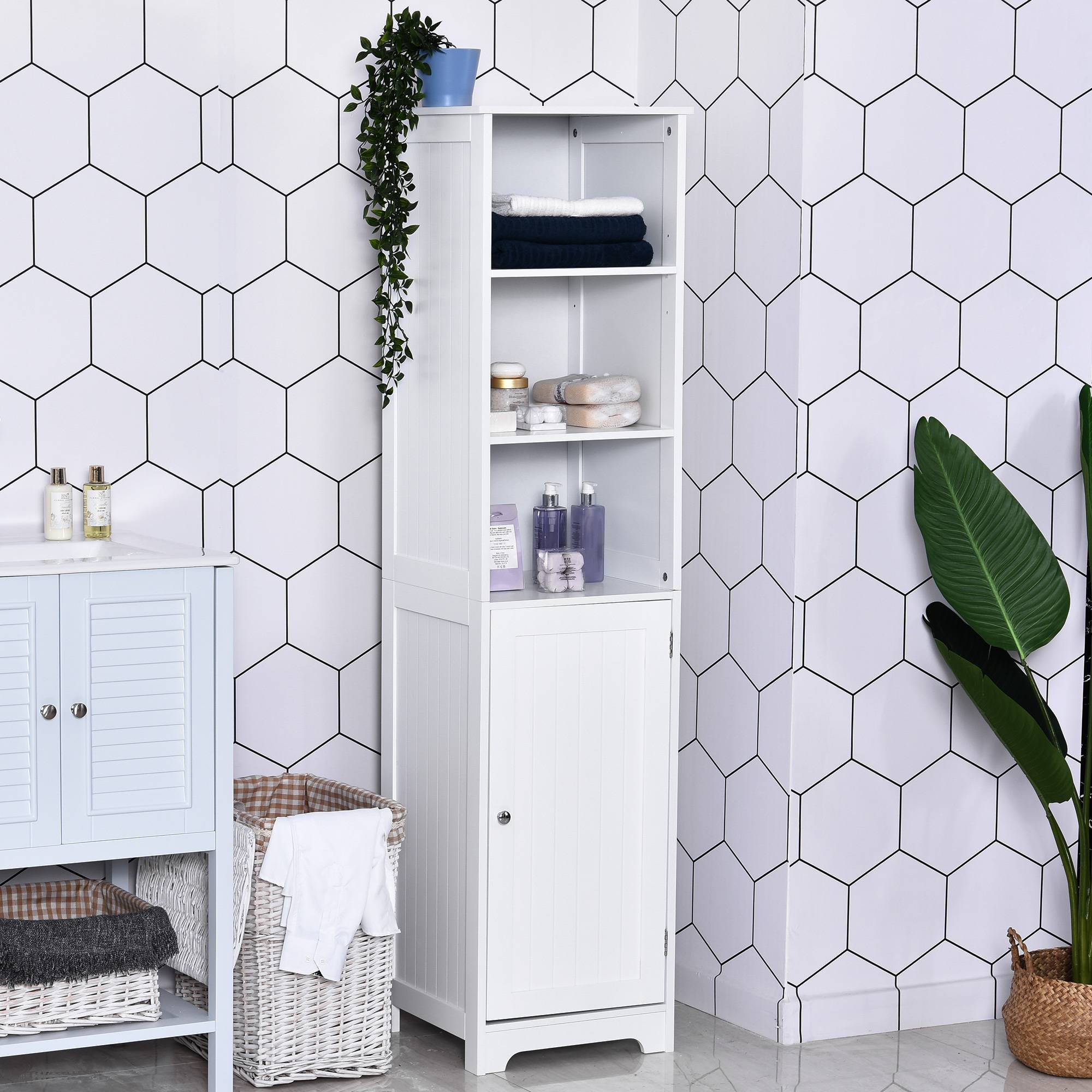Sans Marque - Armoire de salle de bain haute à 5 niveaux, colonne de rangement avec 3 étagères, 1 porte et étagère réglable, 40 x 38 x 160 cm, blanche - Image 4