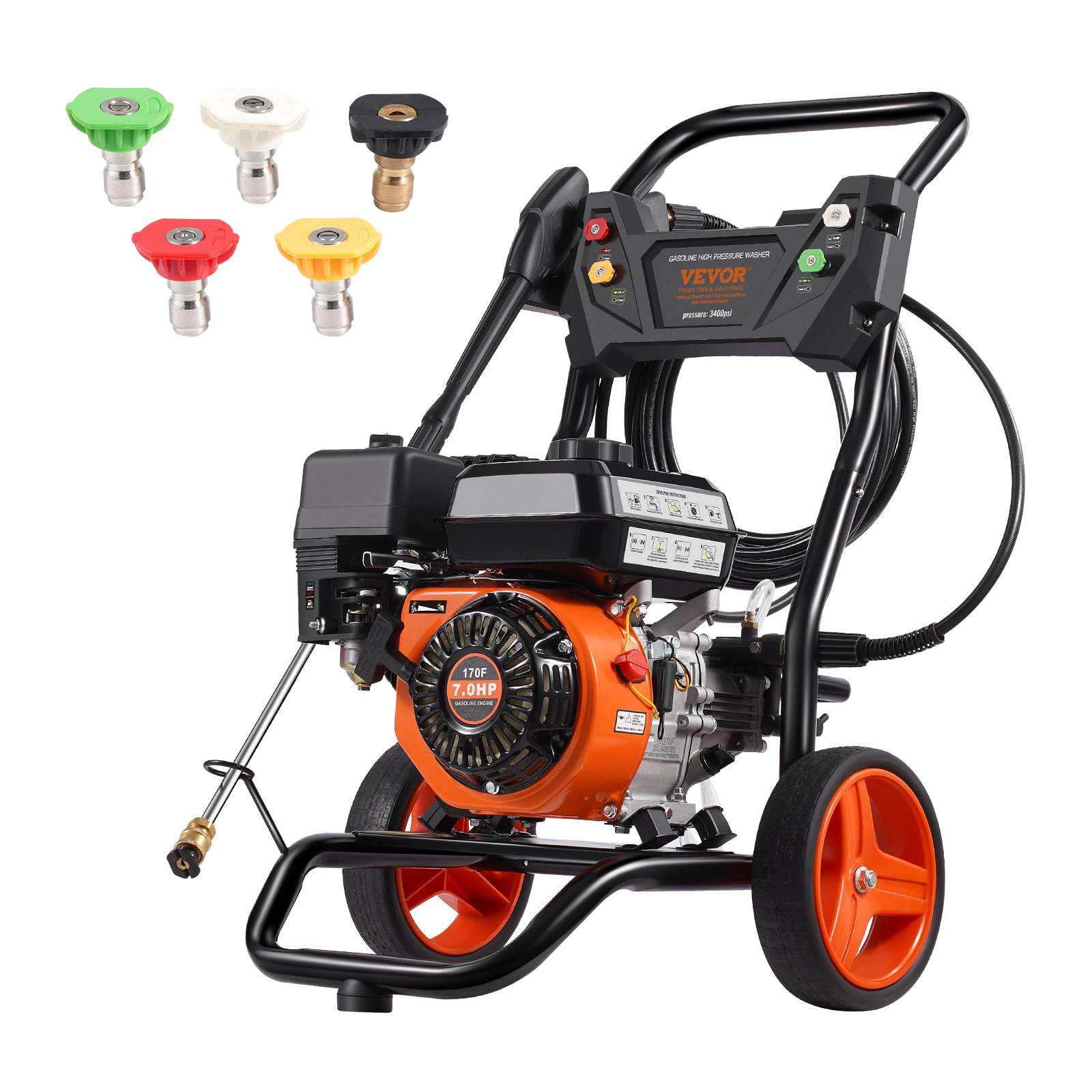 VEVOR Nettoyeur HP essence 3400 PSI, 2.6 GPM, pompe alu, 5 buses, pour surfaces variées.