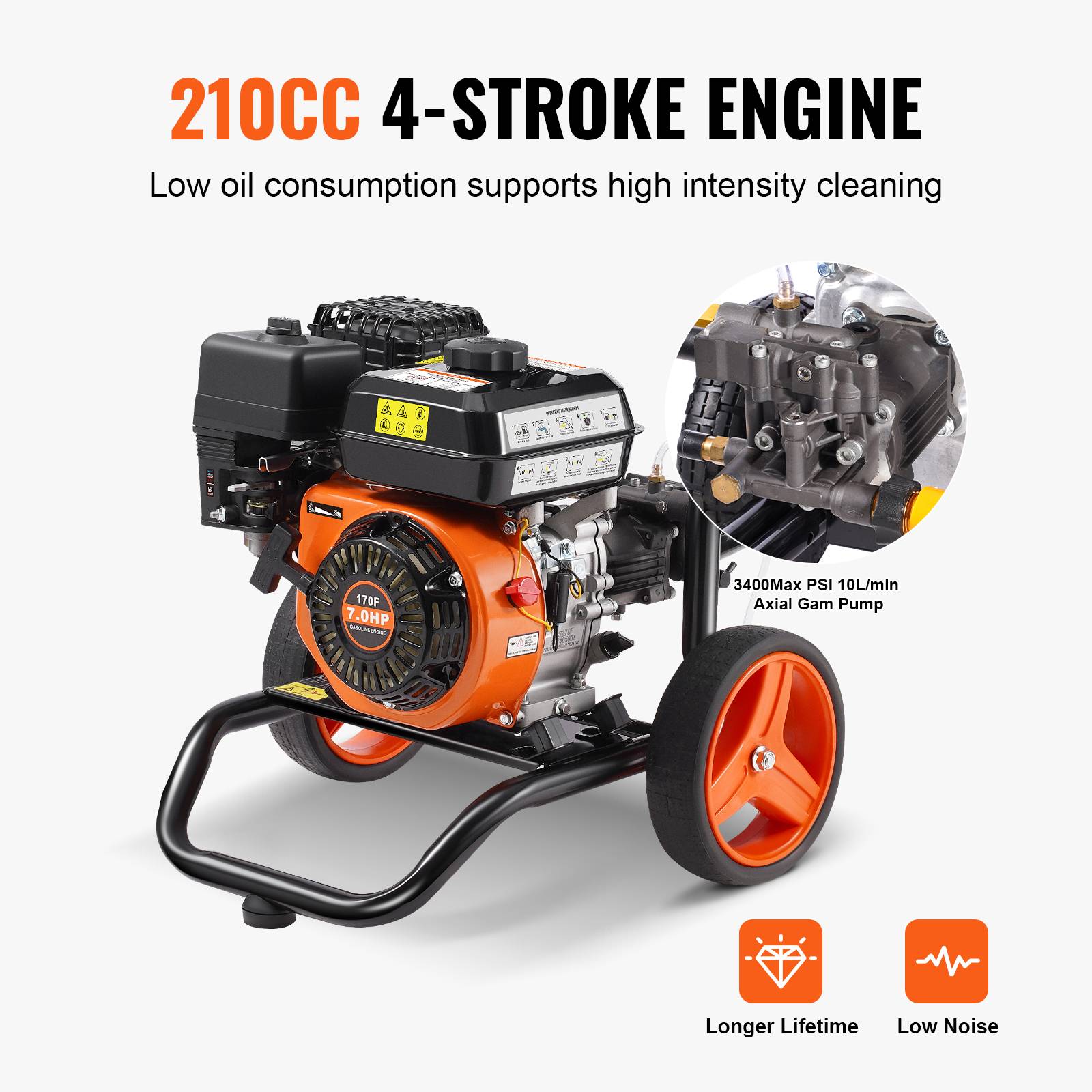 VEVOR Nettoyeur HP essence 3400 PSI, 2.6 GPM, pompe alu, 5 buses, pour surfaces variées. - Image 3