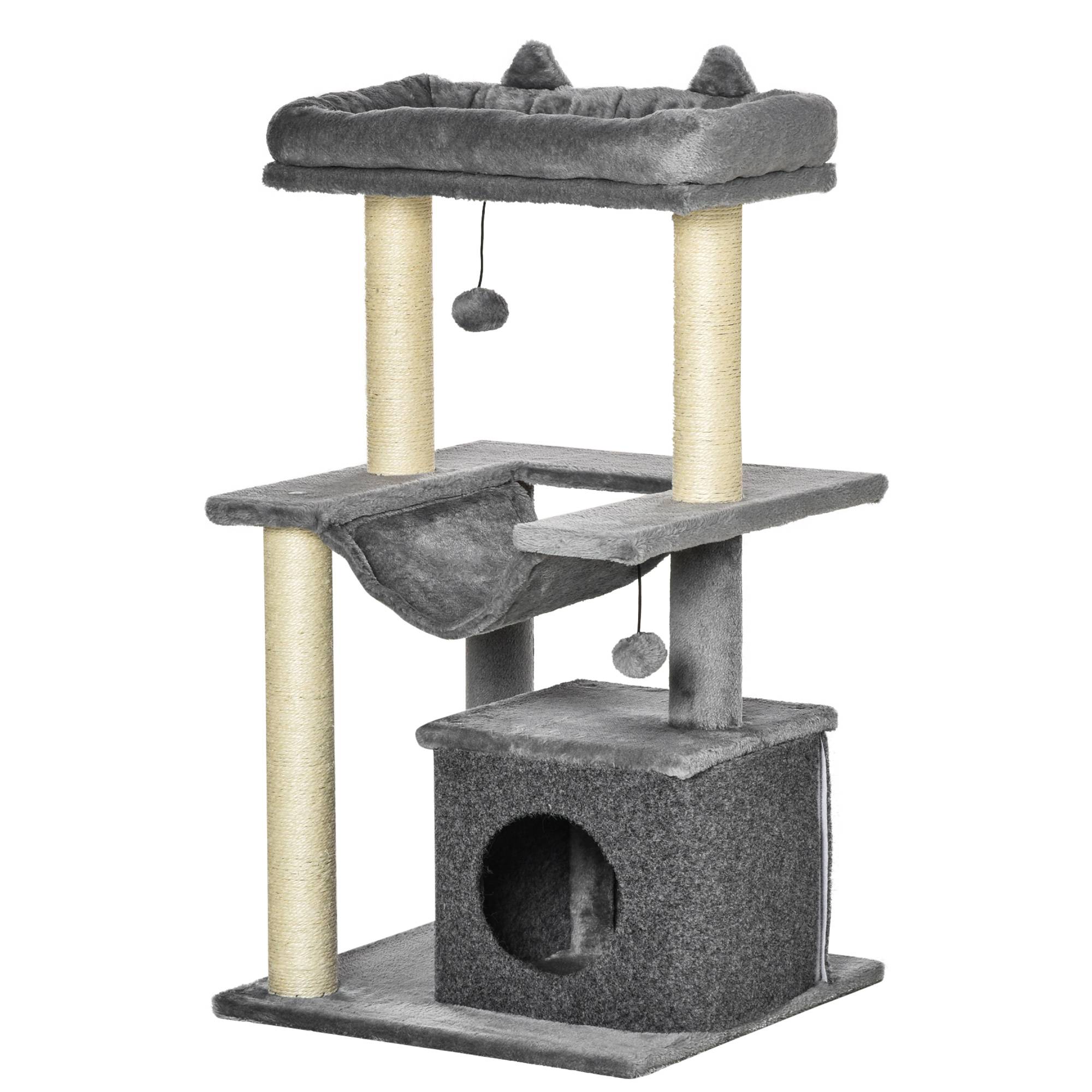 Sans Marque - Arbre à chat avec griffoir, en tissu peluche, tour de jeux pour chat, lit, niche, hamac, plateforme 48 x 48 x 90 cm gris - Image 2