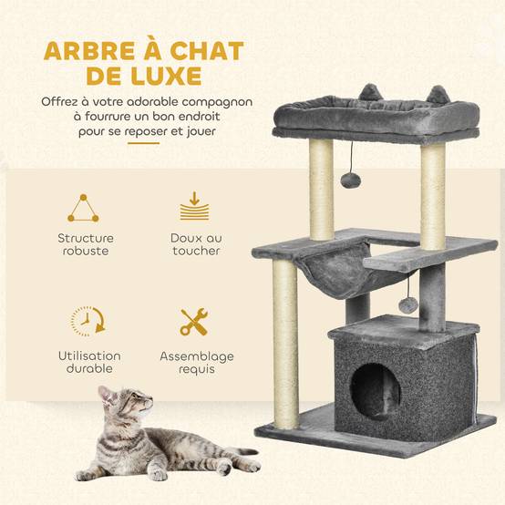 Sans Marque - Arbre à chat avec griffoir, en tissu peluche, tour de jeux pour chat, lit, niche, hamac, plateforme 48 x 48 x 90 cm gris - Image 6