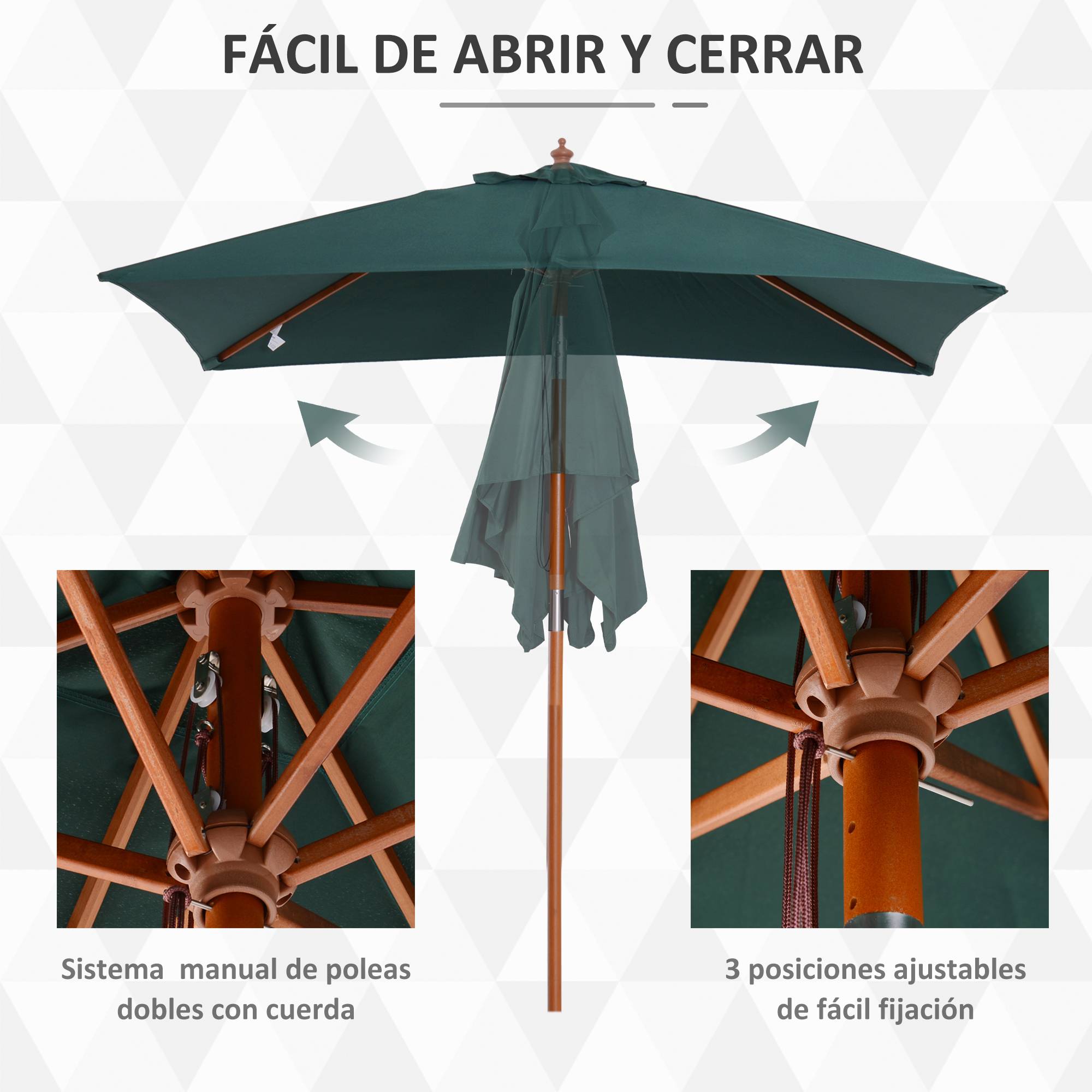 ComfortXL - Parasol Rectangulaire 2x1,5m Mât Bois Inclinable Ouverture à Poulie Idéal pour Balcon Terrasse Vert - ComfortXL Outdoor Living - Image 8