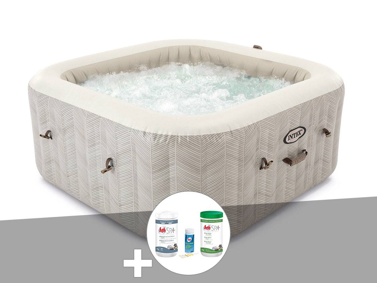 Kit spa gonflable Intex PureSpa Chevron carré Bulles 4 places + Kit de traitement brome
