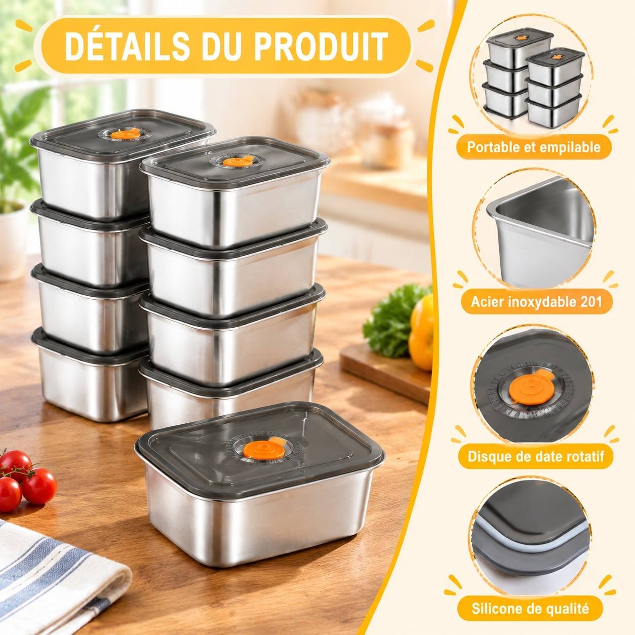 Lot de 10 Boîtes de Conservation Alimentaire en Acier Inoxydable avec Couvercles 1.2 L - Image 4
