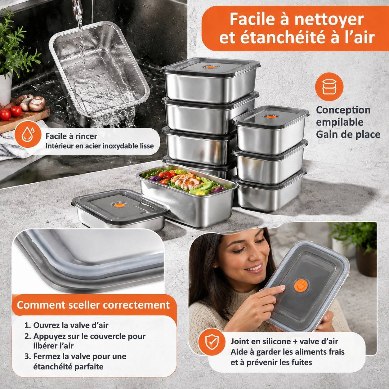 Lot de 10 Boîtes de Conservation Alimentaire en Acier Inoxydable avec Couvercles 1.2 L - Image 3