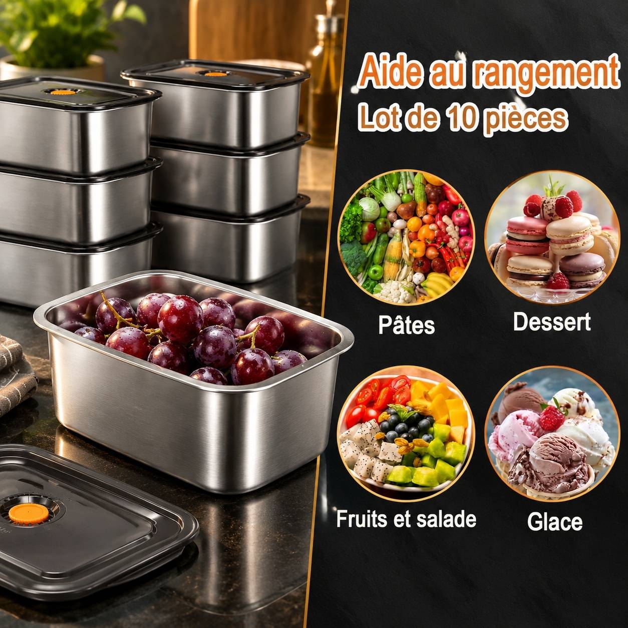 Lot de 10 Boîtes de Conservation Alimentaire en Acier Inoxydable avec Couvercles 1.2 L - Image 6
