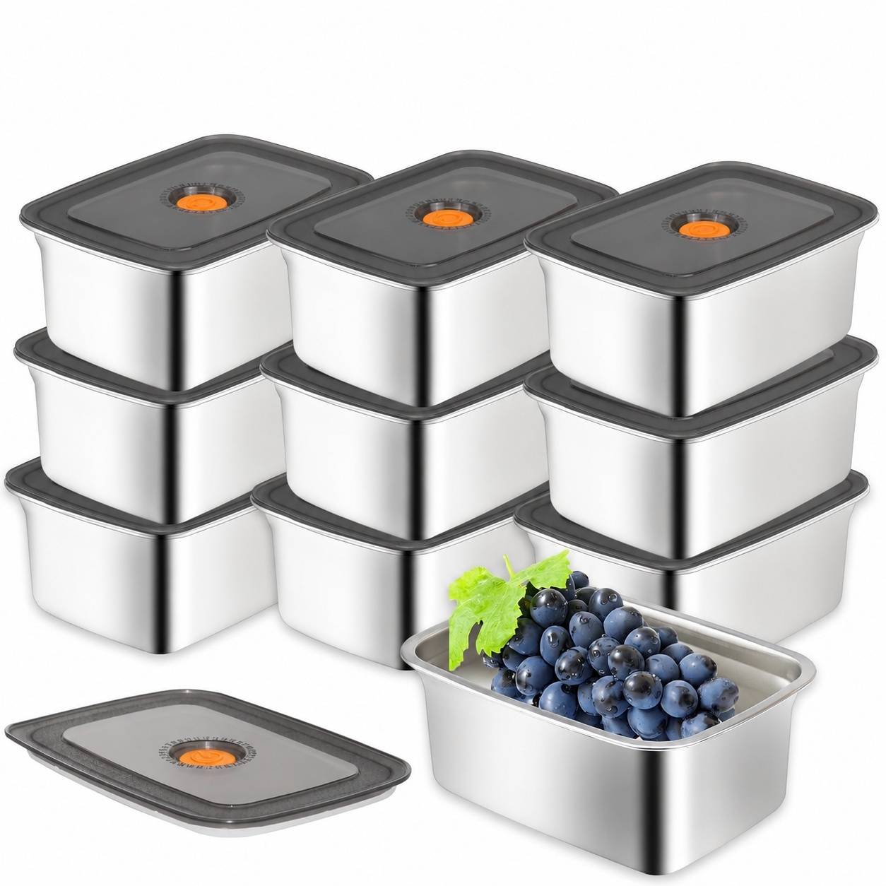 Lot de 10 Boîtes de Conservation Alimentaire en Acier Inoxydable avec Couvercles 1.2 L - Image 1