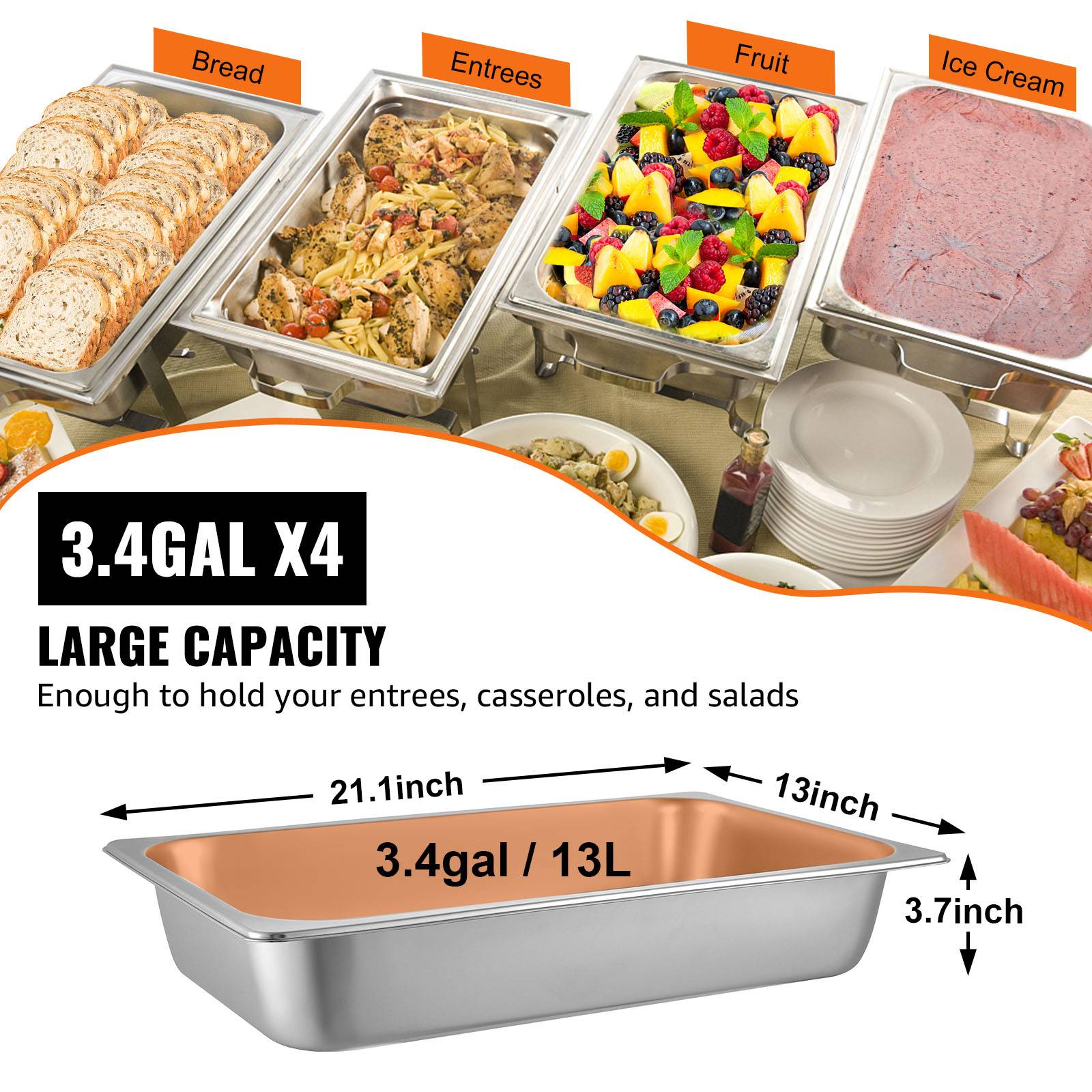 VEVOR Lot de 4 plats rectangulaires en inox 13L, épaisseur 0,8mm, poli miroir, pour aliments chauds/froids, cuisson au four. - Image 4