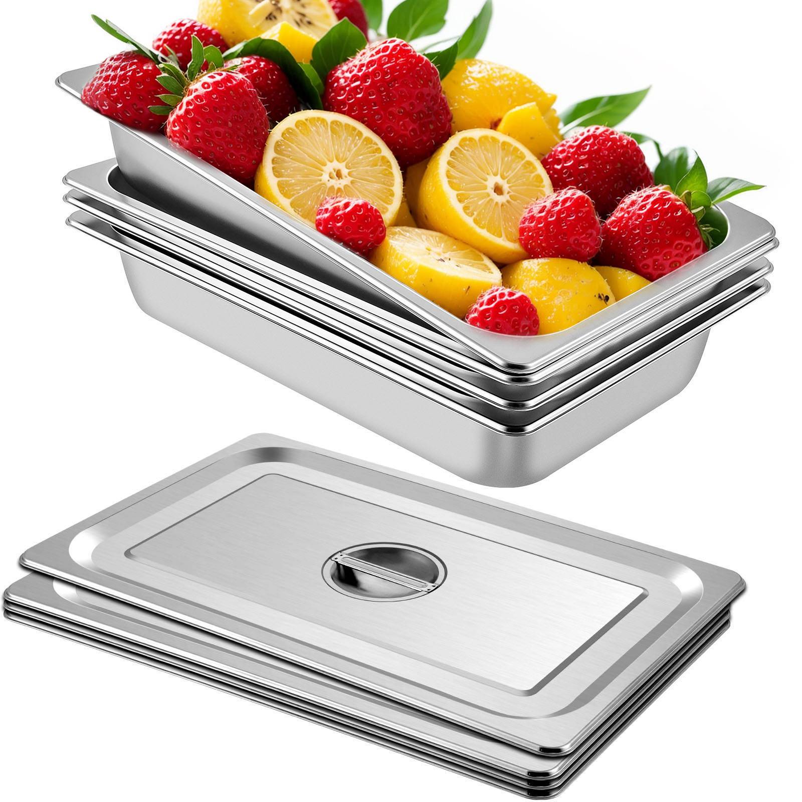 VEVOR Lot de 4 plats rectangulaires en inox 13L, épaisseur 0,8mm, poli miroir, pour aliments chauds/froids, cuisson au four. - Image 1