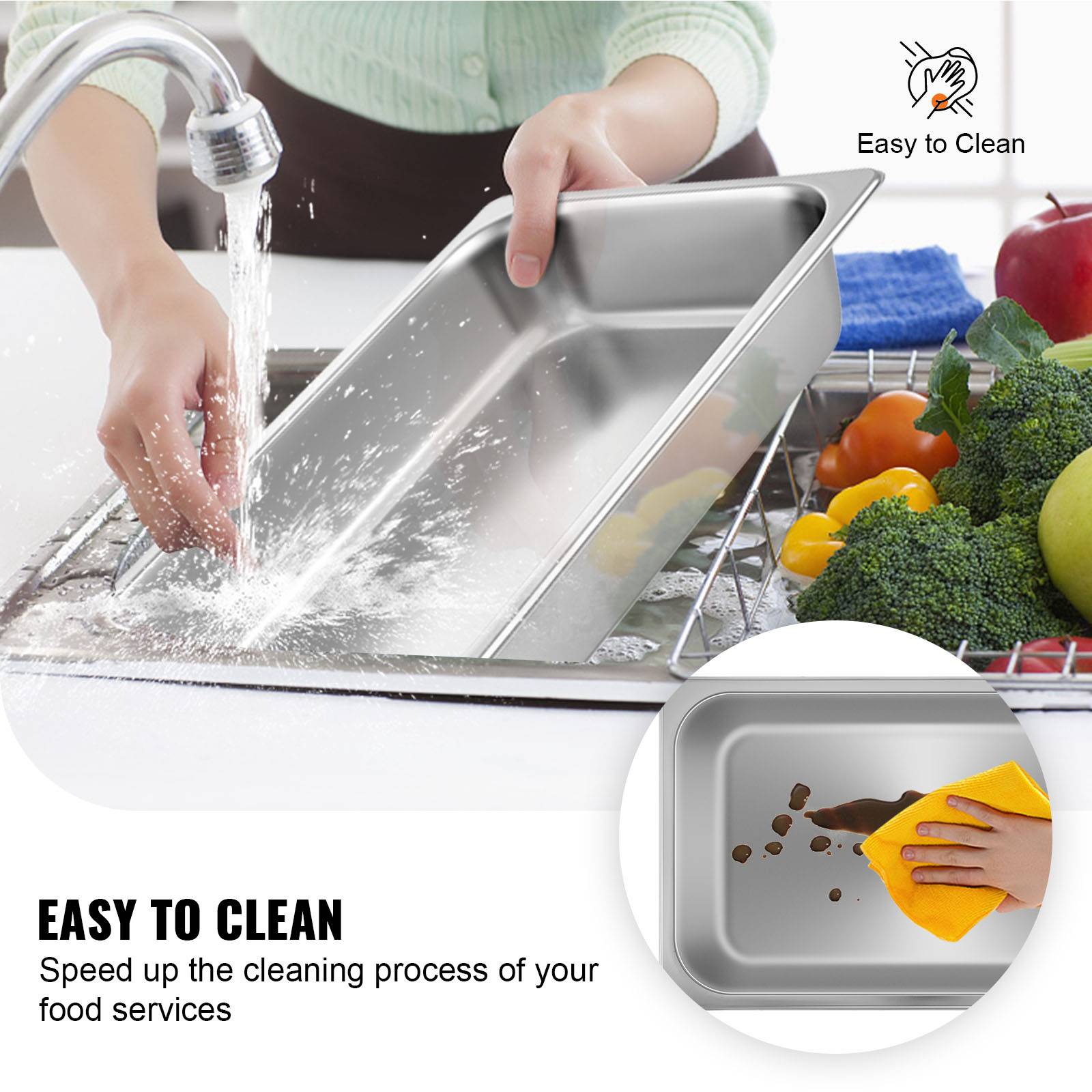 VEVOR Lot de 4 plats rectangulaires en inox 13L, épaisseur 0,8mm, poli miroir, pour aliments chauds/froids, cuisson au four. - Image 5