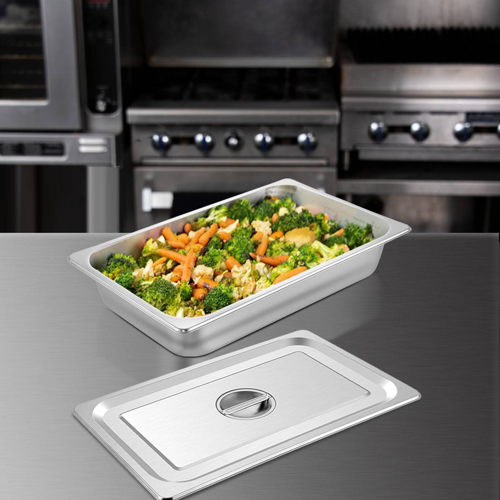 VEVOR Lot de 4 plats rectangulaires en inox 13L, épaisseur 0,8mm, poli miroir, pour aliments chauds/froids, cuisson au four. - Image 8