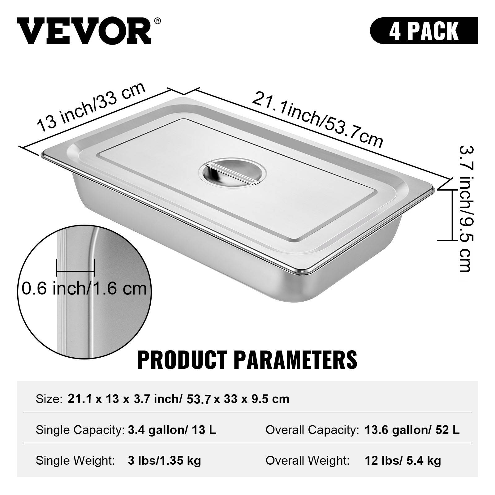 VEVOR Lot de 4 plats rectangulaires en inox 13L, épaisseur 0,8mm, poli miroir, pour aliments chauds/froids, cuisson au four. - Image 7