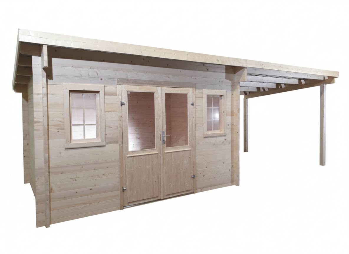 Habrita - Abri Madriers bois massif - 42 mm- surface extérieur 28,09 m2 avec bûcher (sans paroi arrière)- Toit monopente - bac acier - Image 4