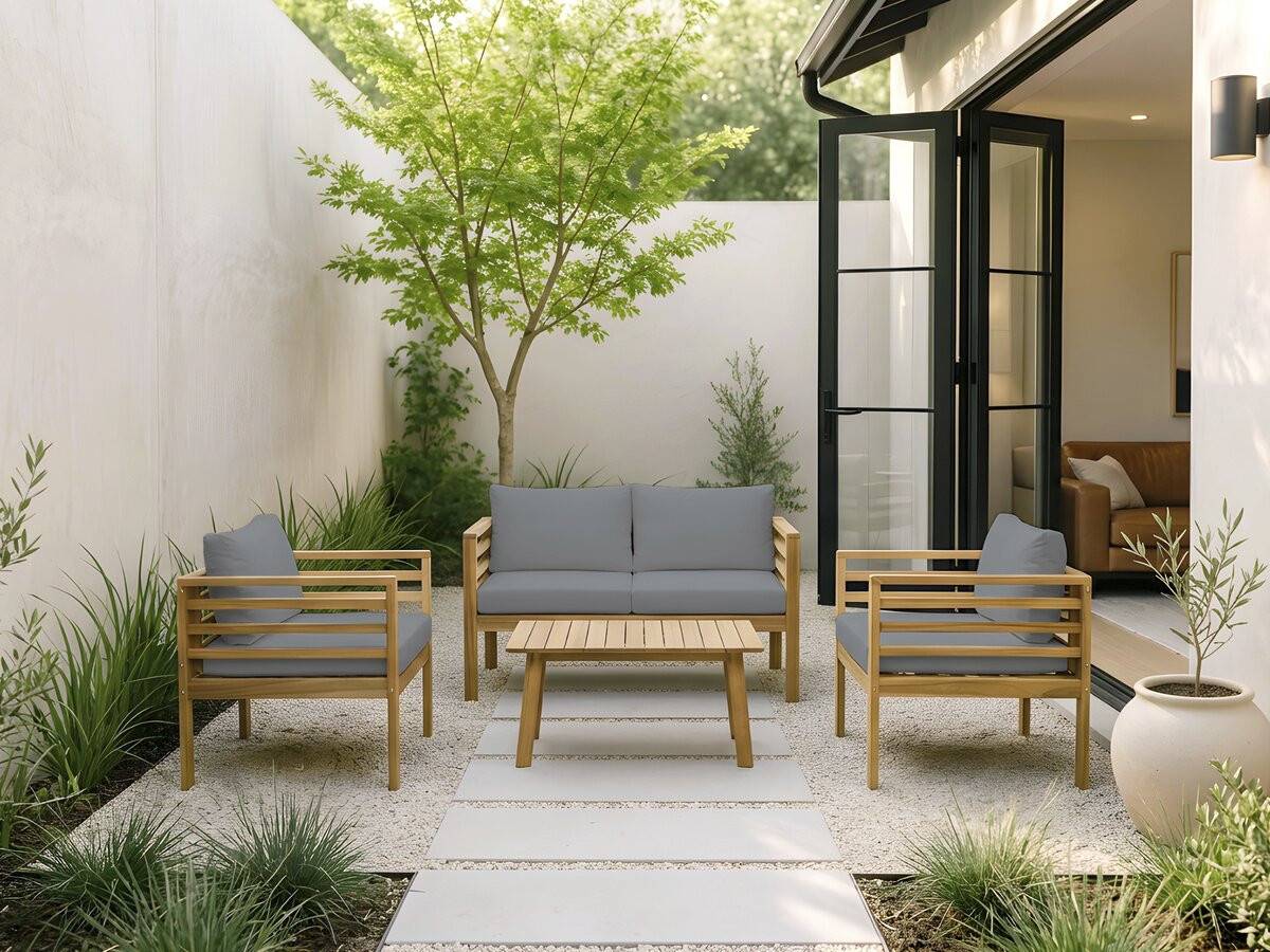 Salon De Jardin En Bois Avec Coussins "beckham" - 4 Places - Gris -habitat Et Jardin - Image 2
