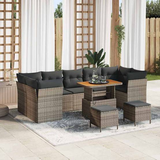 Salon de Jardin 9 Places Gris, Ensemble Repas et Détente Modulable en Polyrotin et Bois à Hauteur Réglable – ComfortXL Outdoor Living - Image 1