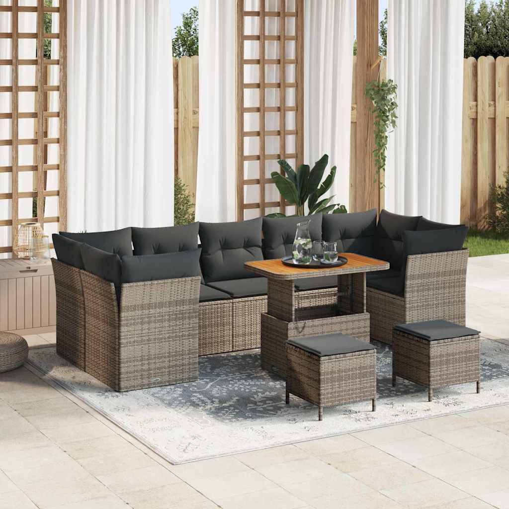 Salon de Jardin 9 Places Gris, Ensemble Repas et Détente Modulable en Polyrotin et Bois à Hauteur Réglable – ComfortXL Outdoor Living - Image 1