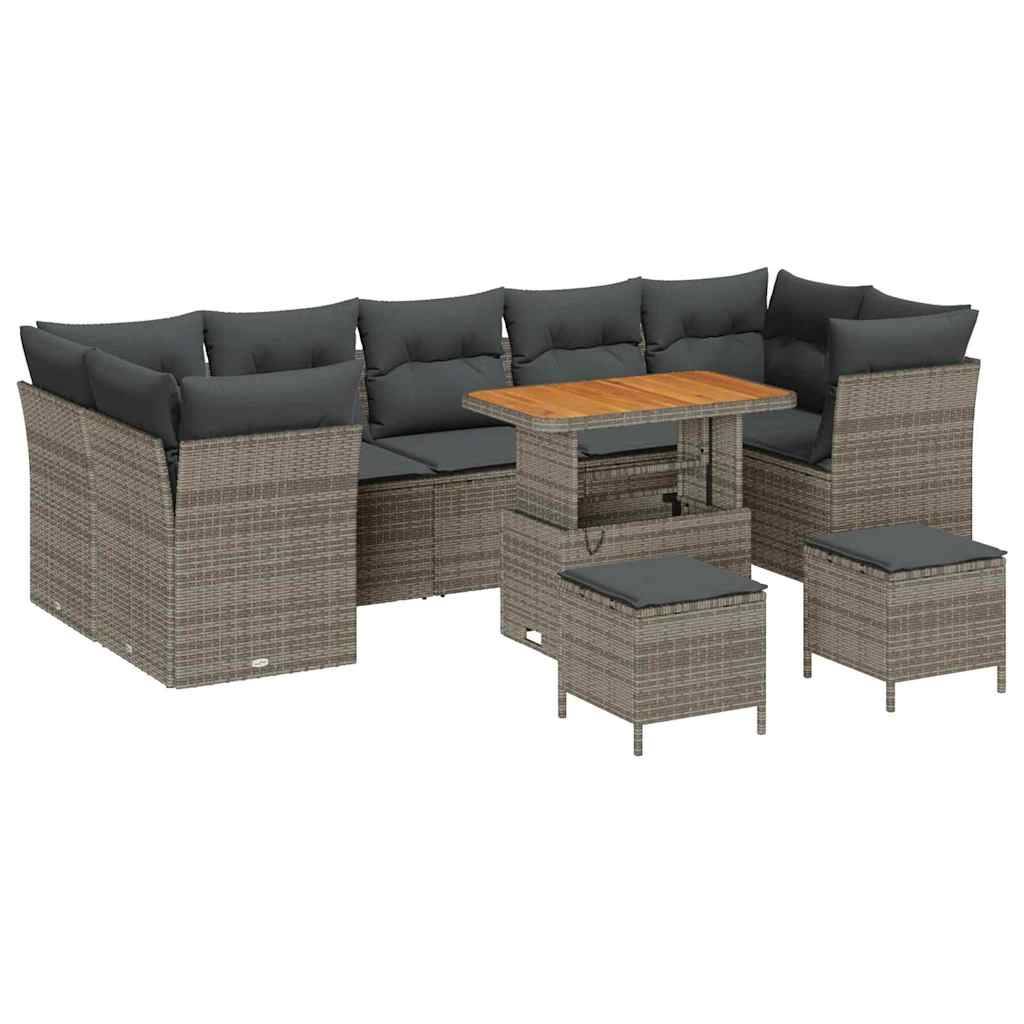 Salon de Jardin 9 Places Gris, Ensemble Repas et Détente Modulable en Polyrotin et Bois à Hauteur Réglable – ComfortXL Outdoor Living - Image 2