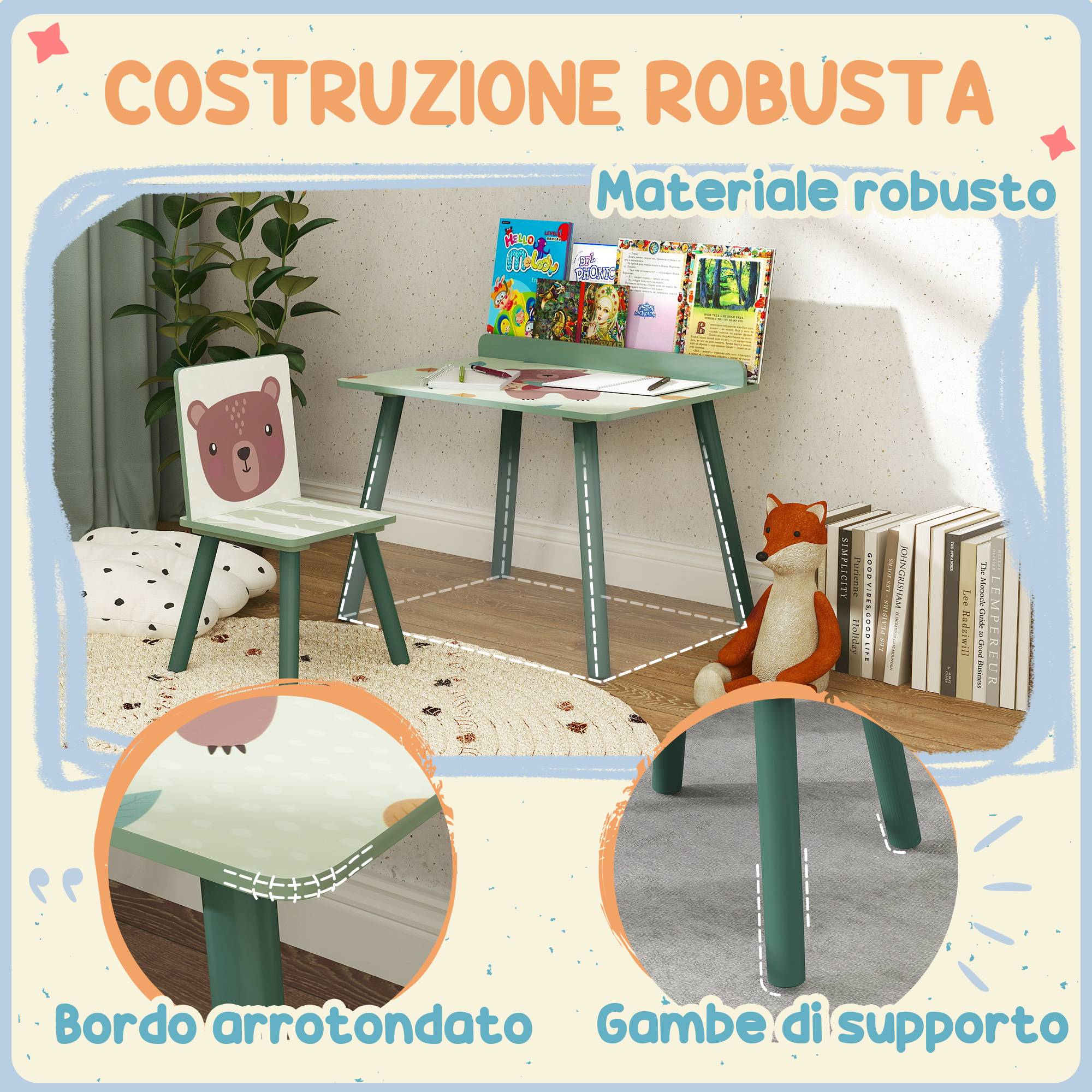 Tablette et chaise enfant avec étagère rangement, MDF et pin, vert - Image 8