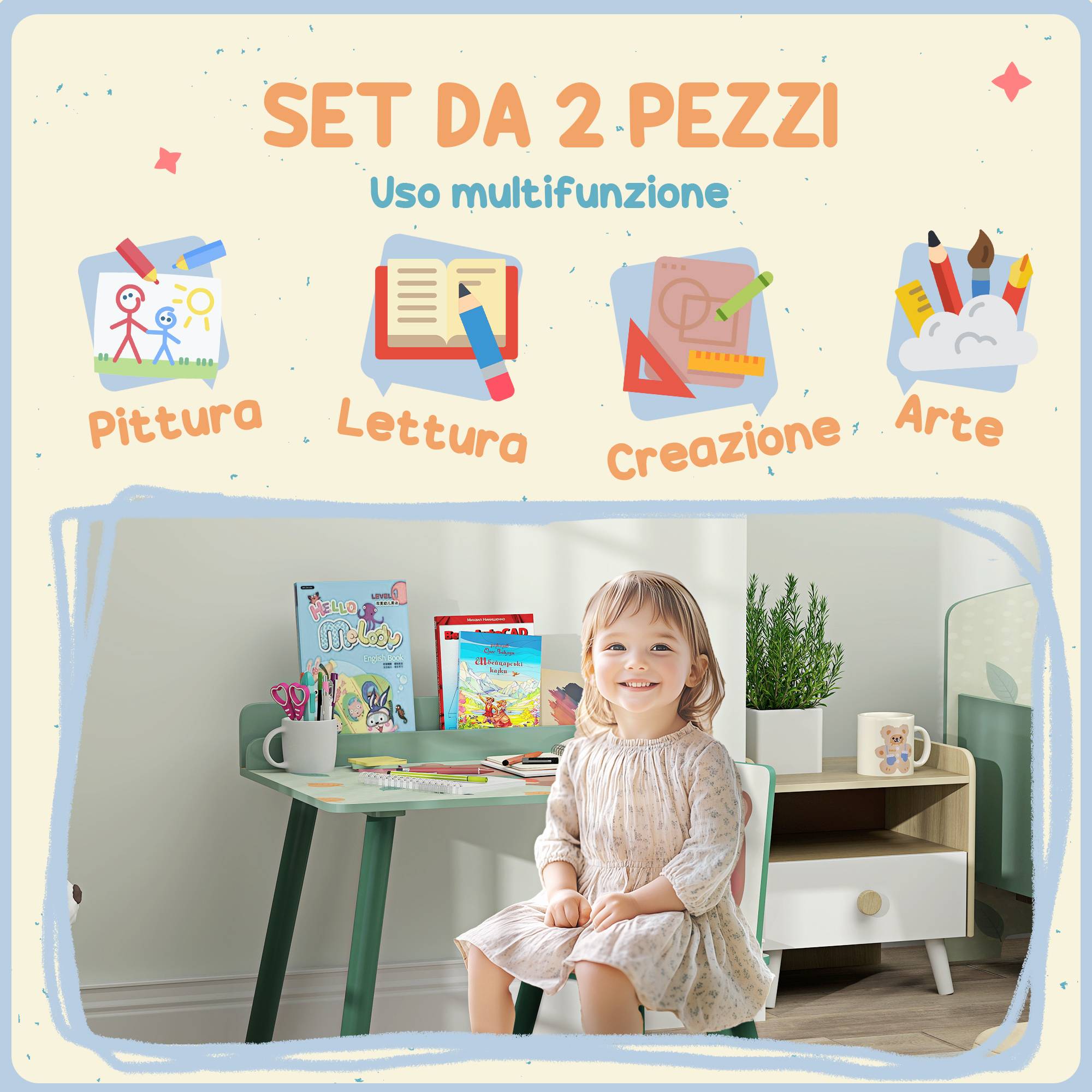 Tablette et chaise enfant avec étagère rangement, MDF et pin, vert - Image 6