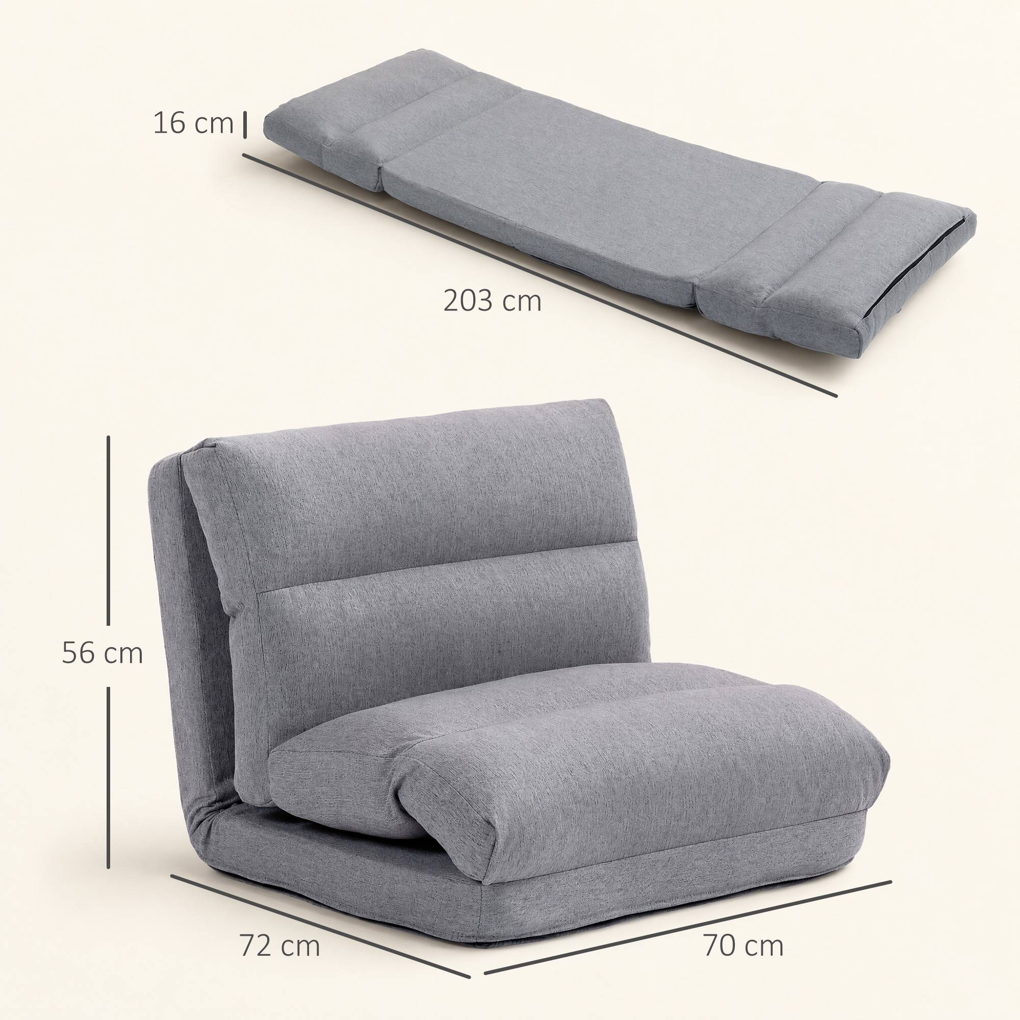 Fauteuil de sol canapé paresseux fauteuil convertible en lit inclinable 90° à 180° tissu - 70l x 72P x 56H cm - gris - Image 5