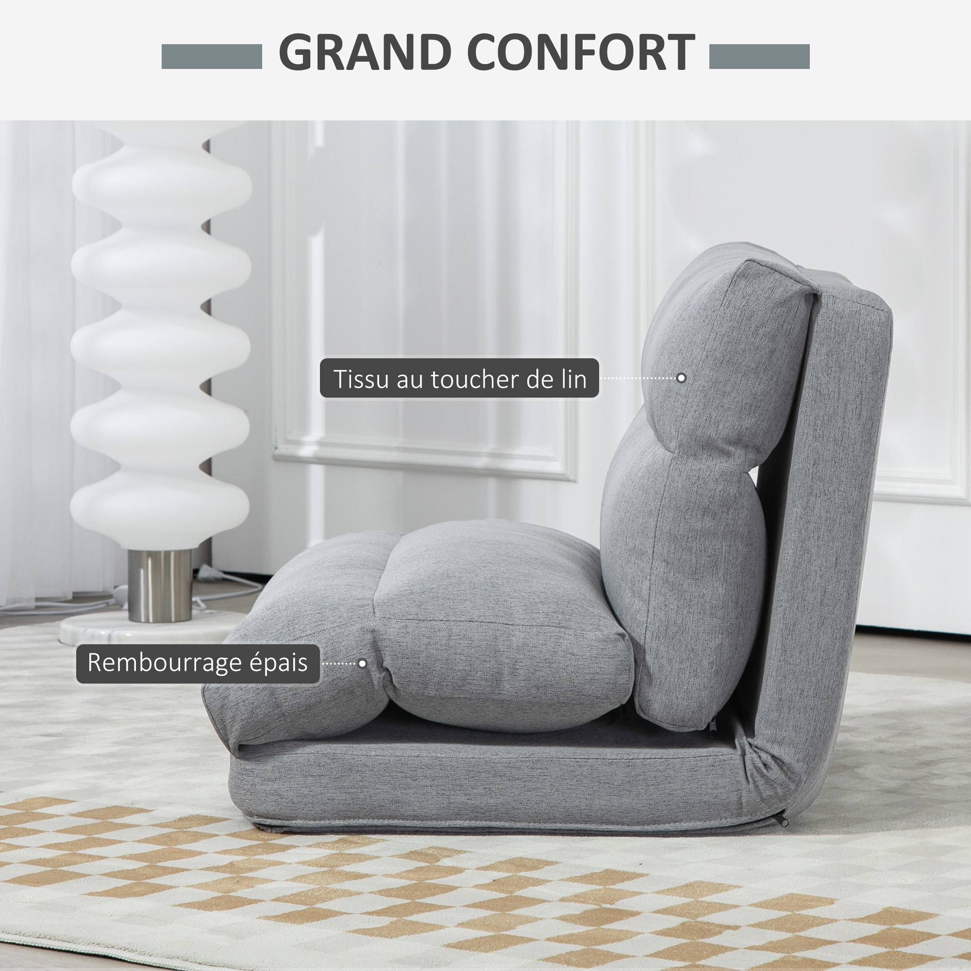Fauteuil de sol canapé paresseux fauteuil convertible en lit inclinable 90° à 180° tissu - 70l x 72P x 56H cm - gris - Image 8