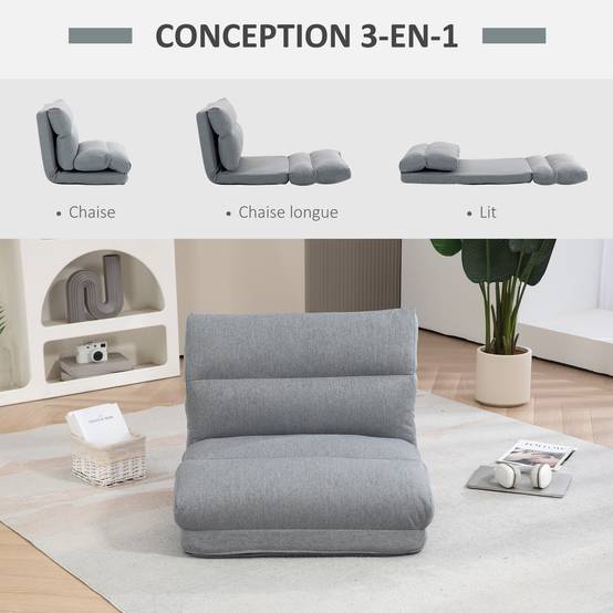 Fauteuil de sol canapé paresseux fauteuil convertible en lit inclinable 90° à 180° tissu - 70l x 72P x 56H cm - gris - Image 6